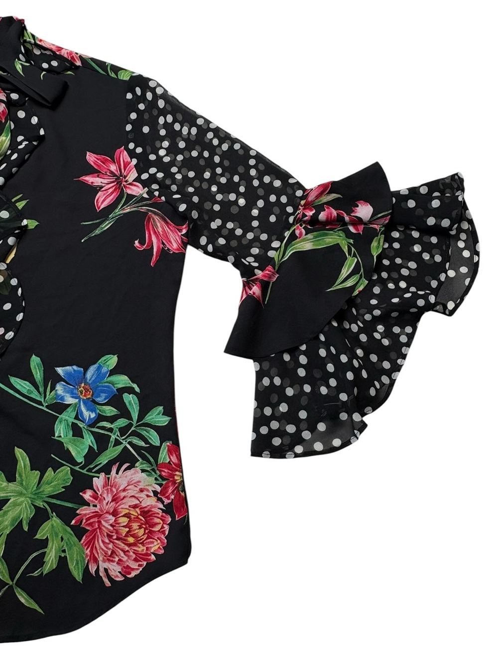 Joseph Ribkoff Mixed Media Floral Polka Dot Ruffle Tie Neck Blouse Size 8 - Picture 9 of 14